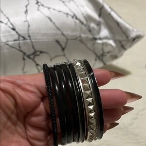 Plus Size Black and Silver Bangle Set of seven